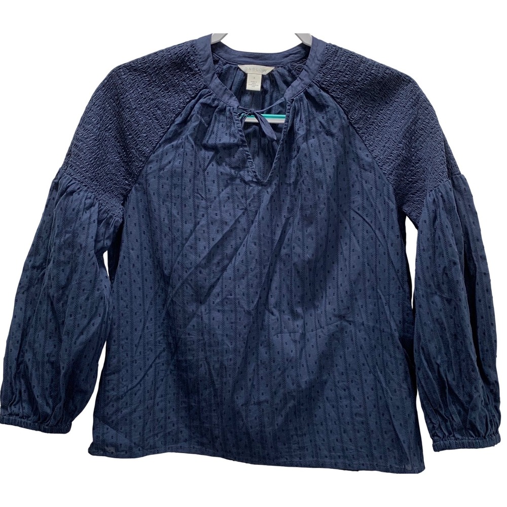 CASLON Women Navy Smocked Peasant Blouse Long Sleeve Tie Neck Casual Size Small